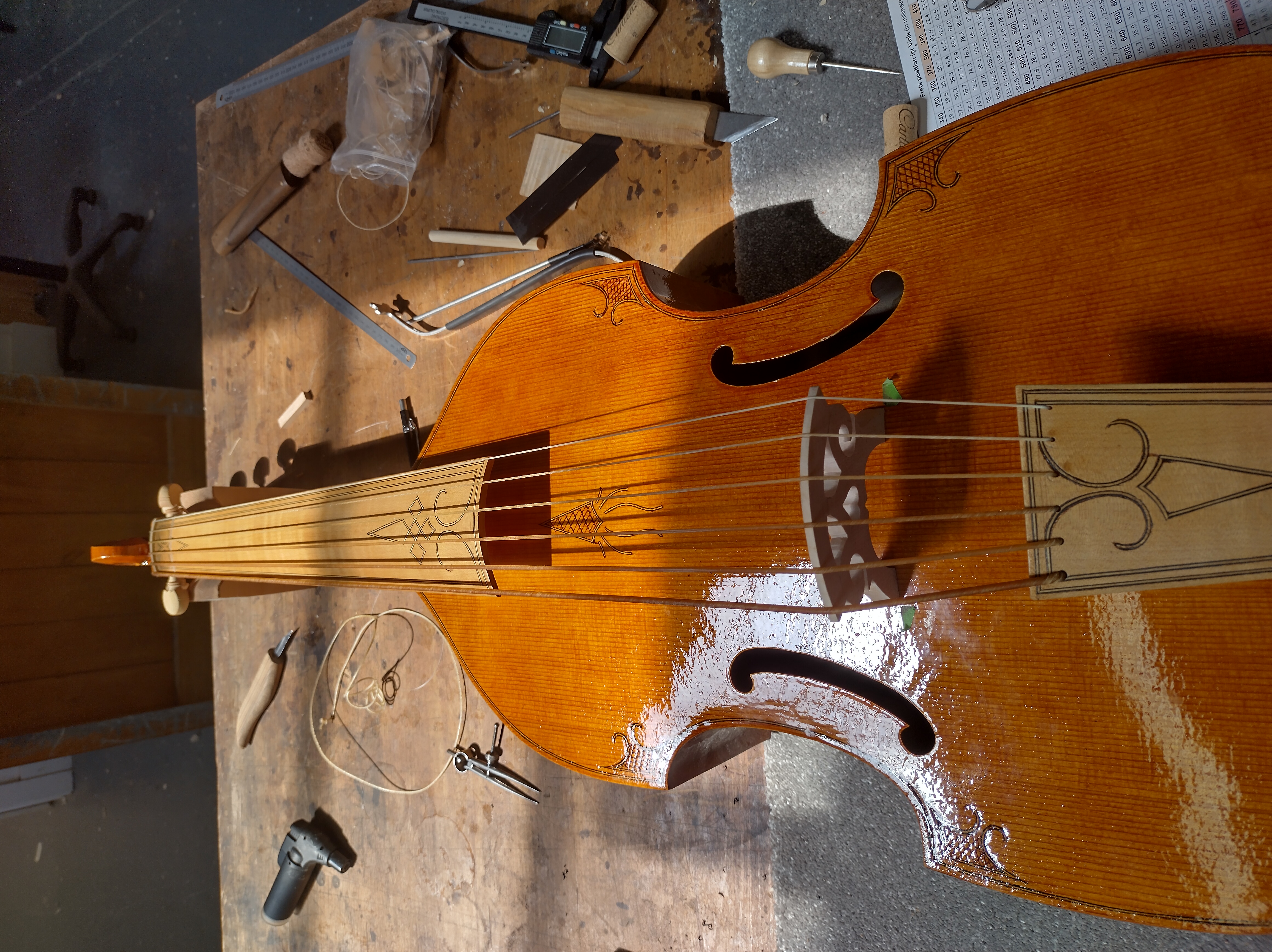 Work in progress on a bass viol